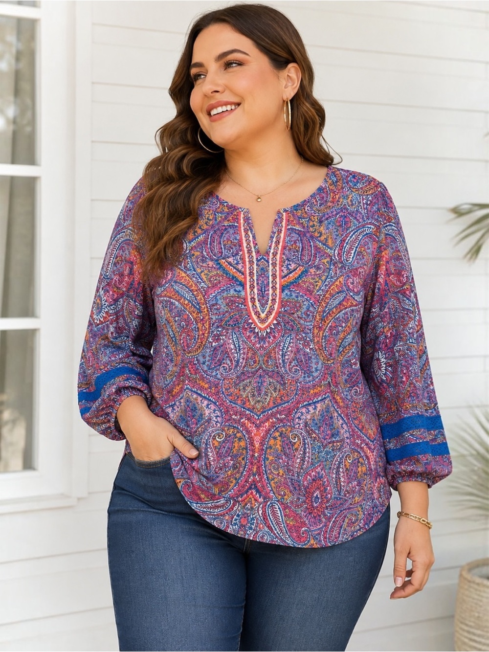Ruby Rd Woman 2X Paisley Blouse Blue Coral Crochet Trim 3/4 Sleeve Boho Top